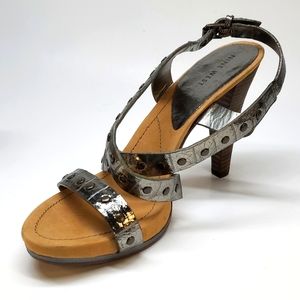 NINE WEST Dimsum Metallic Leather Ankle Strap Heeled Sandal EUC